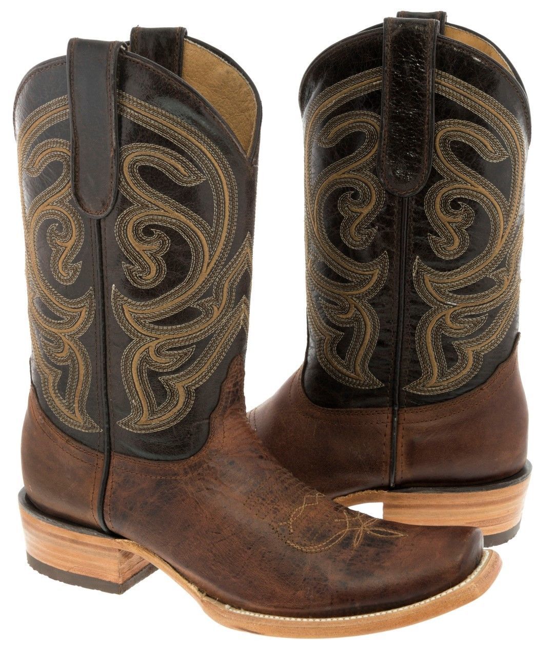 Womens Distressed Dark Brown Leather Cowboy Boots Floral Western Rodeo Dubai Toe