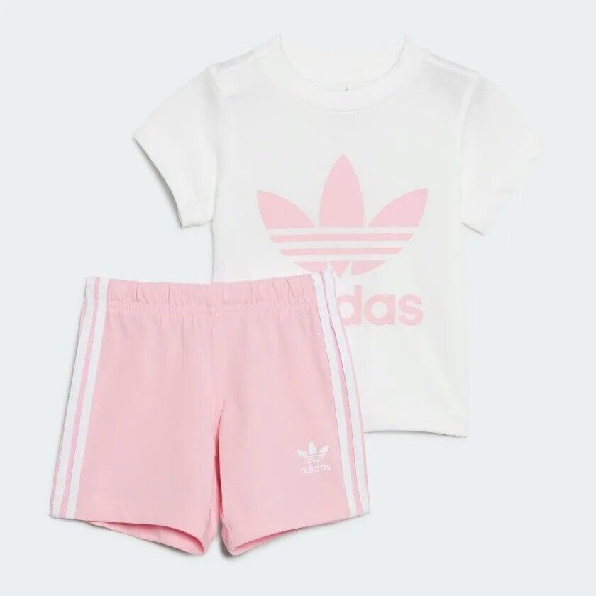 Adidas WHITE Girls' Infant and Toddler Kids Trefoil Shorts Tee Set, US 18 Months