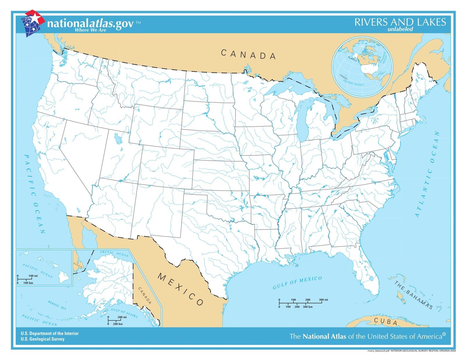 USA Rivers and Lakes (unlabeled) Laminated Wall Map - US