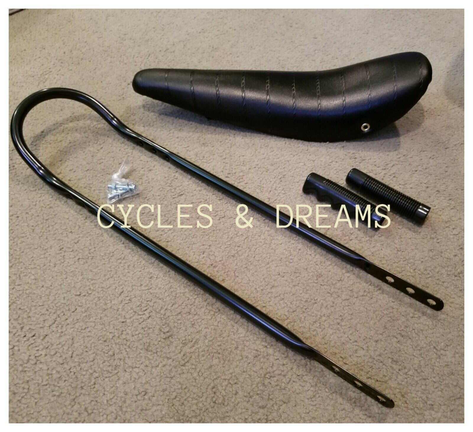 VINTAGE LOWRIDER BLACK SEAT & GRIPS W/ BLACK SISSY BAR, FITS 20