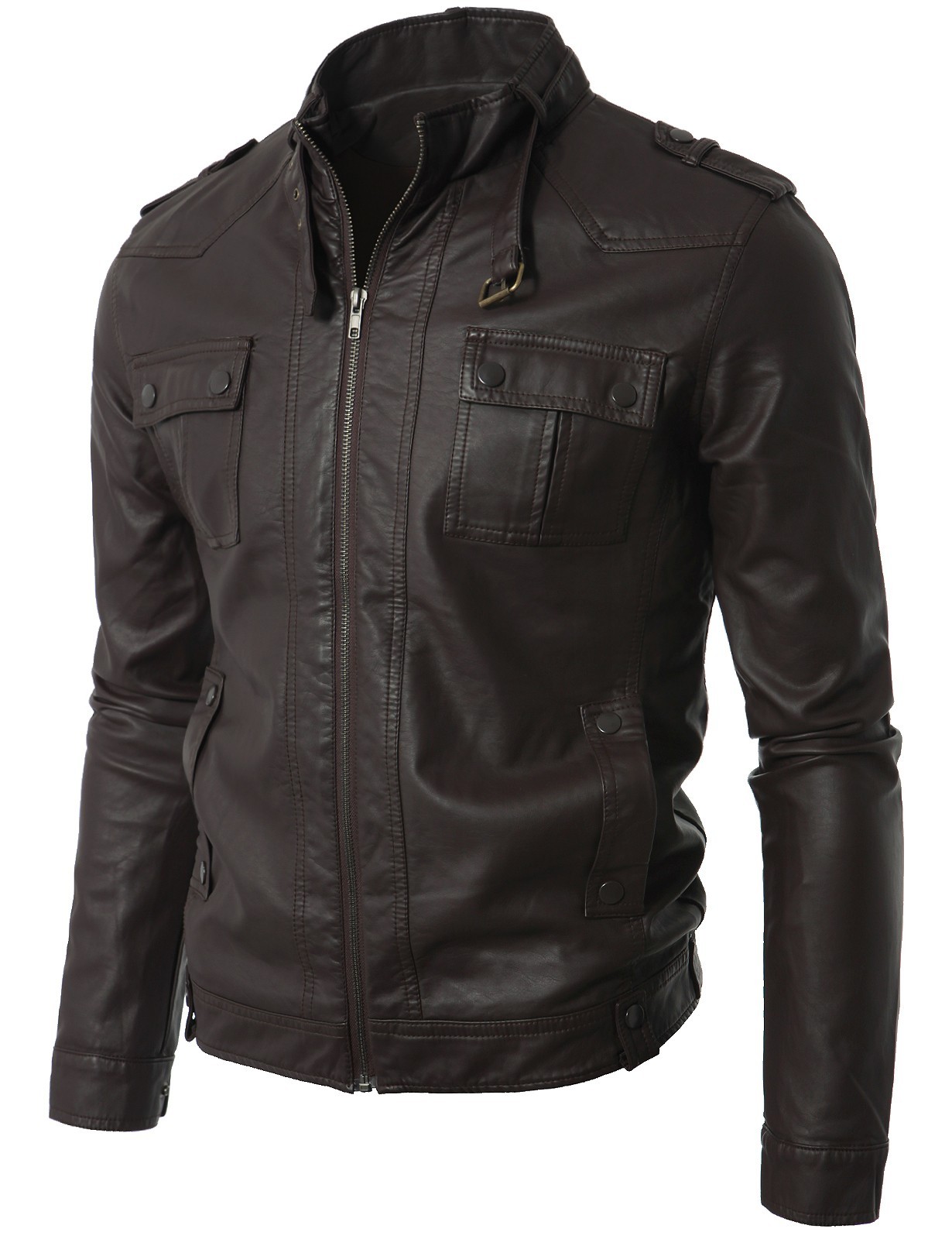 MENS CASUAL BUCKLE COLLAR LEATHER JACKET, MEN LEATHER JACKETS - Outerwear