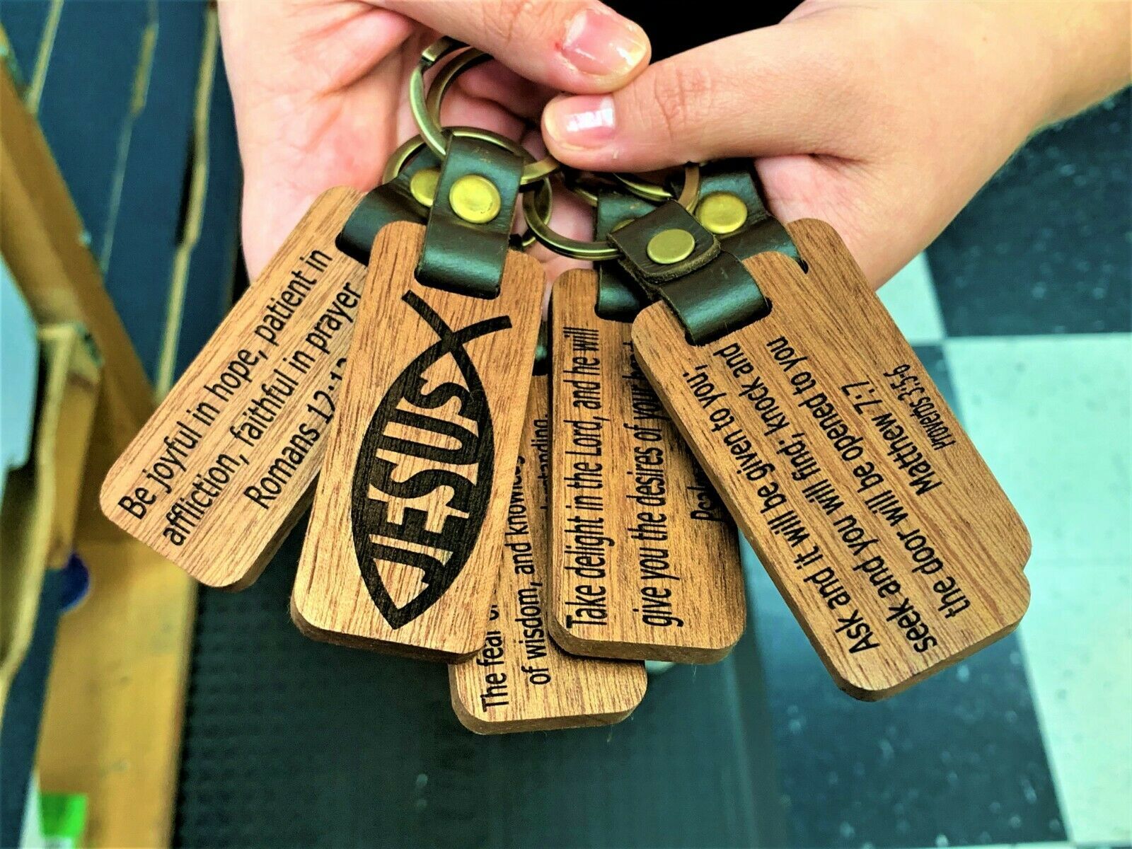 Custom Keychain Wooden Leather Bible Verses Personalized Message Wood Car Keys