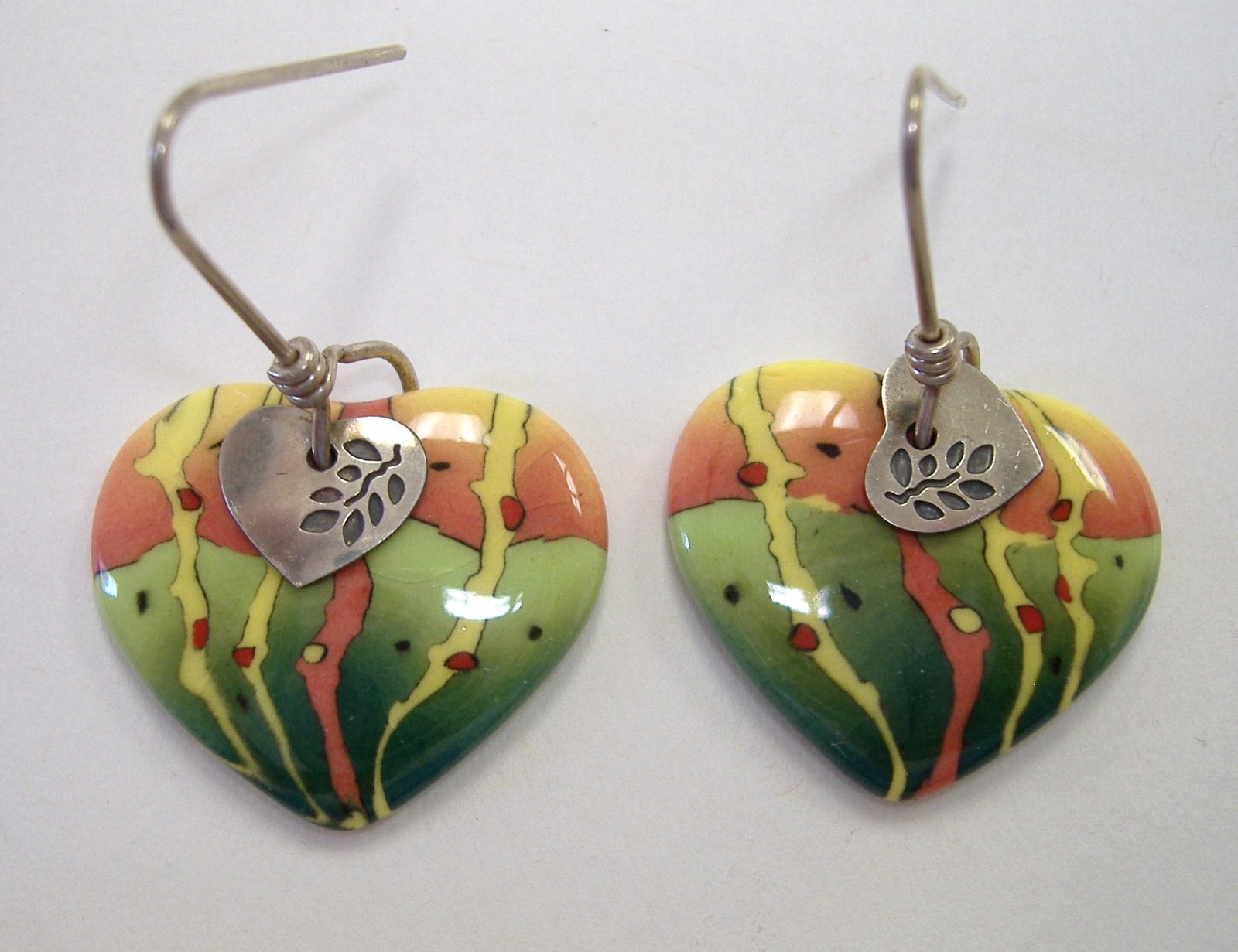 Parrot Heart Earrings Unique Porcelain Ceramic Yellow Green Orange