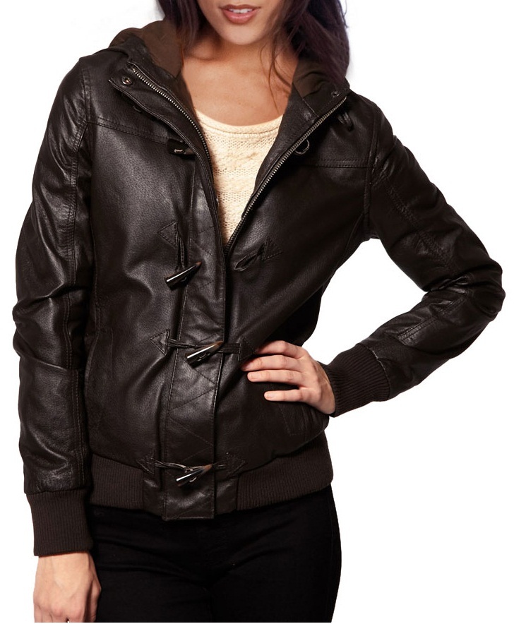  WOMENS  BROWN COLOR LEATHER  JACKET  HOODED  LEATHER  JACKET  