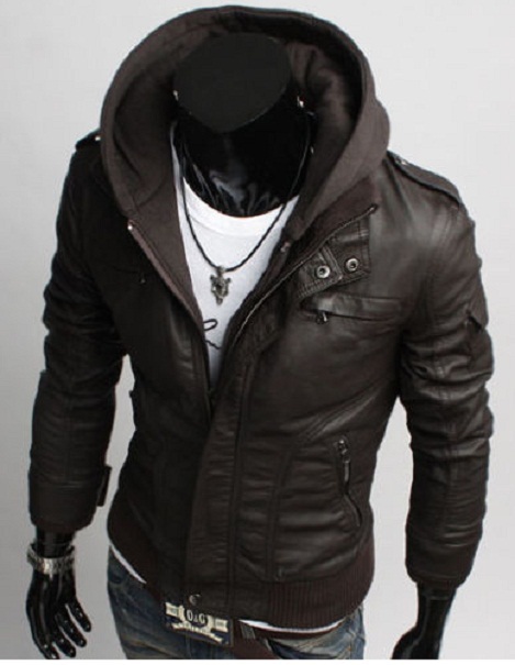 Men's Leather Jackets Korean Style Casual Slim Fit Men fabric hooded ...