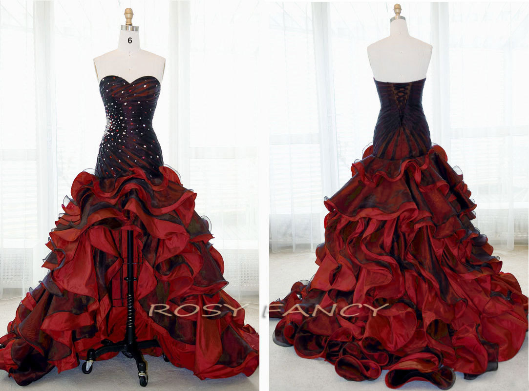 Image of Rosy Fancy Black And Red Beaded Bodice High-low tiered Ruffles Prom Dress PD