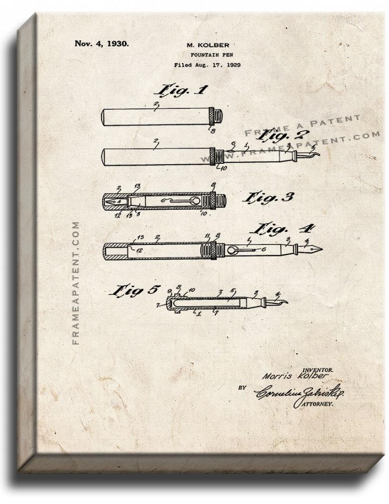 Fountain Pen Patent Print Old Look on Canvas