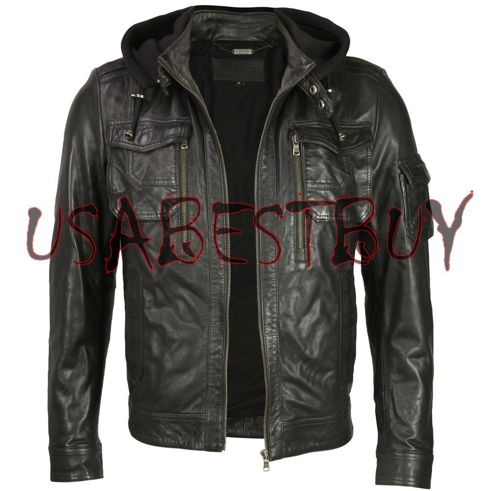 Image of Handmade New Men Stylish Fabric Hooded Biker Leather Jacket, Men leather jacket