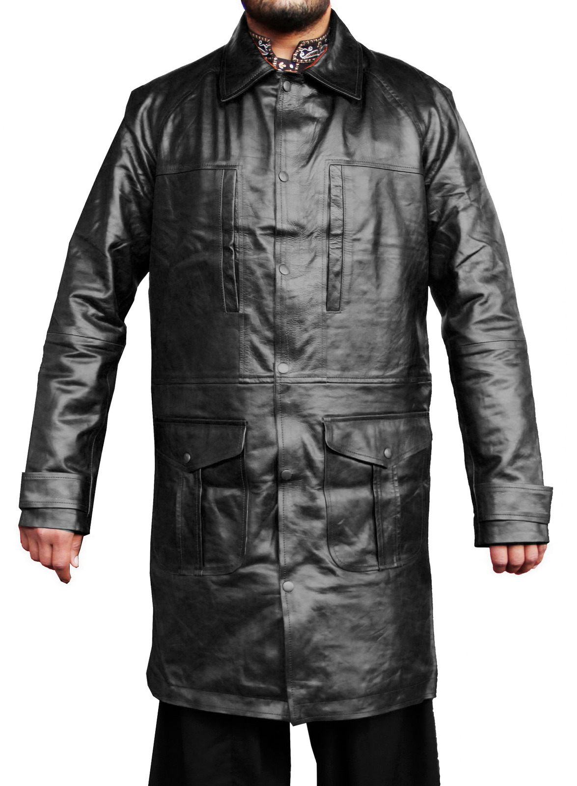 Handmade New Men Stylish Front Multi Pockets Long Leather Coat - Outerwear