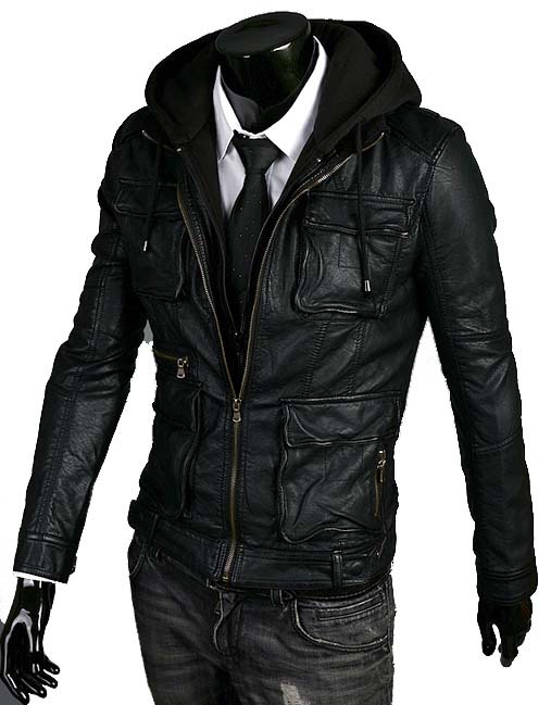 Handmade New Men Stylish Hooded with Multi Pockets Black Leather Jacket ...
