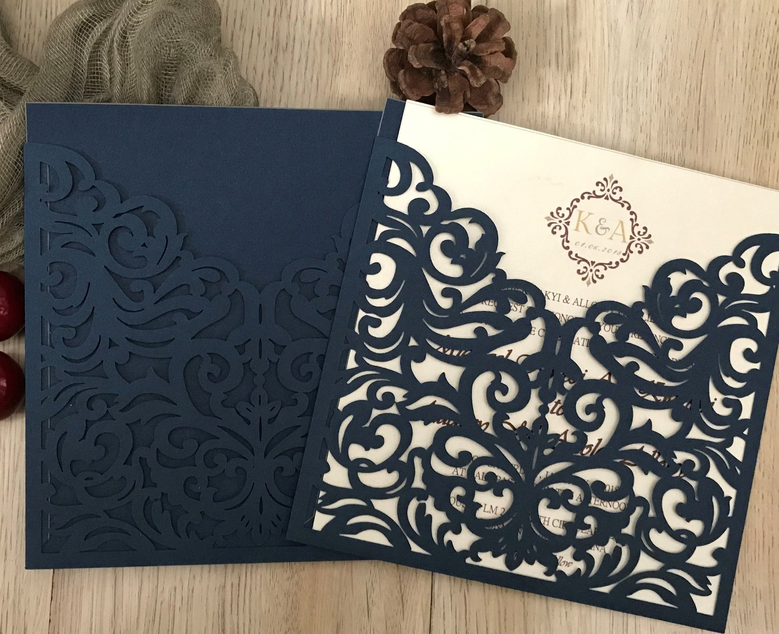 50pcs dark navy blue laser cut invitations,Pocket Bridal Shower Invitations