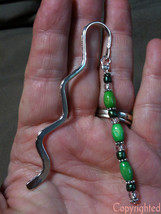 Silver Tone Beaded Wavy Mini Bookmark Dangling Green Wood Beads Acrylic ... - $5.99