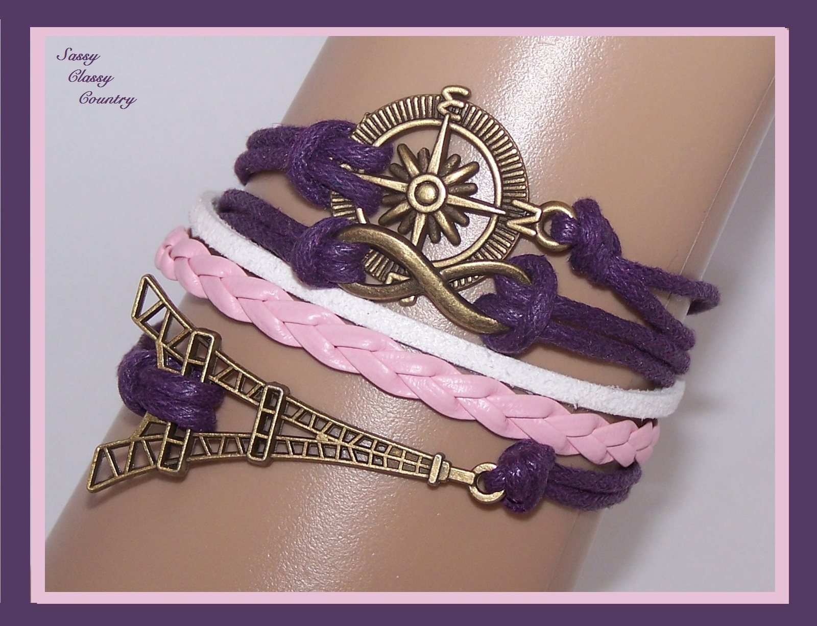 Purple Pink White Multi Layered Bracelet Infinity Compass Eiffel Tower