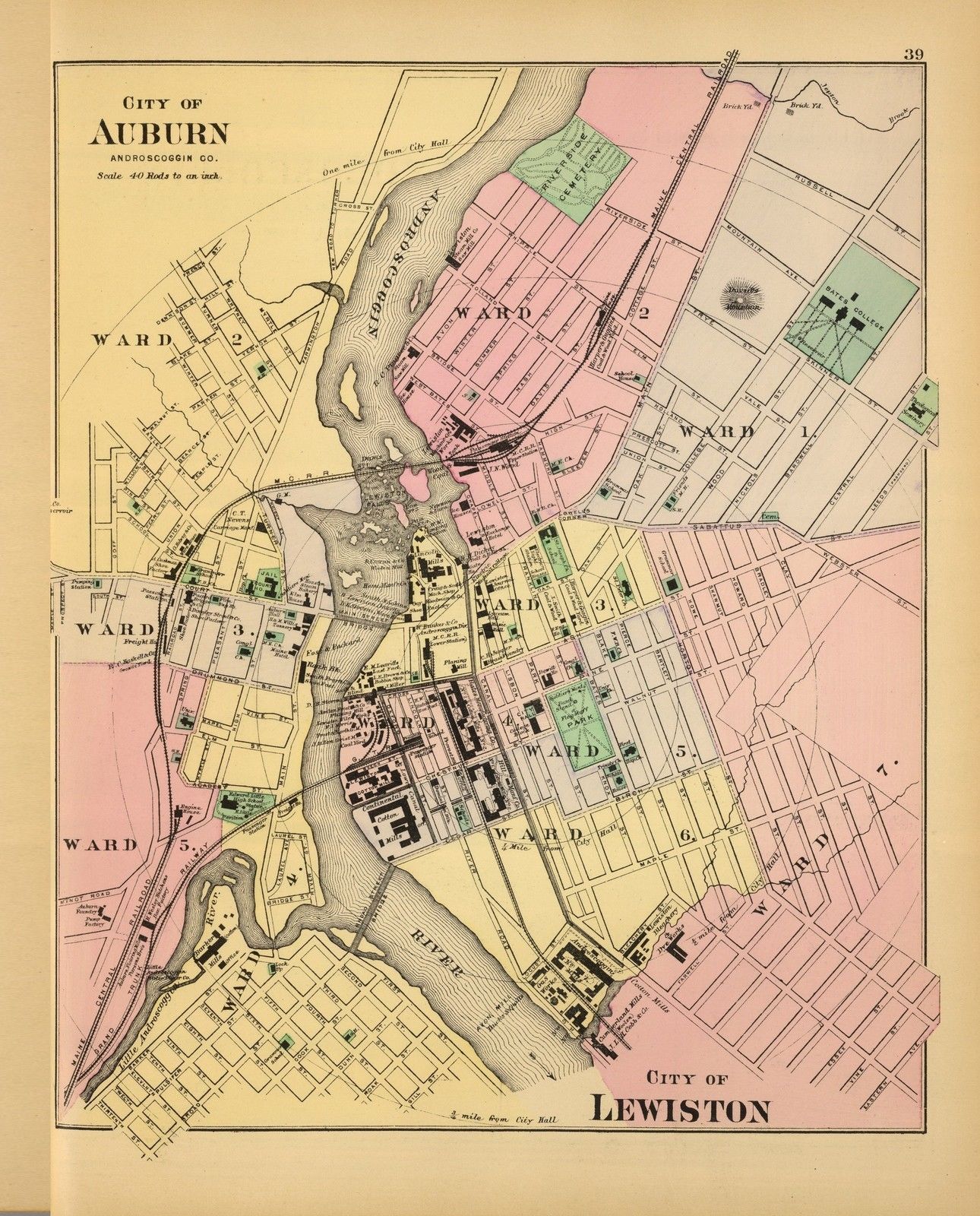 1894 antique map poster Stuart Genealogy Auburn Lewiston County MAINE ...