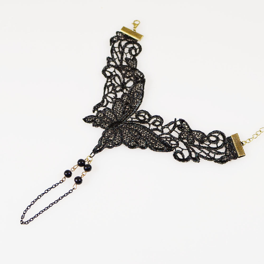 Women's Black Lace Butterfly Bracelet Chain Ring Victorian Lolita Goth ...