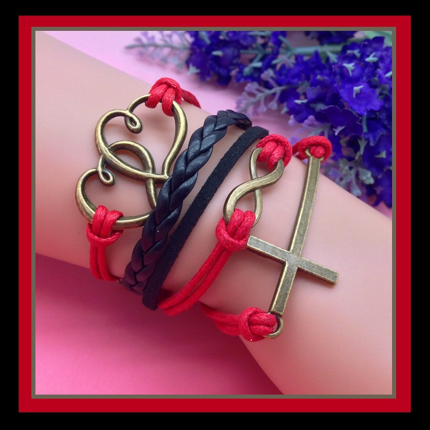 Multi Layered Red & Black Wrap Bracelet Infinity Cross & Double Hearts