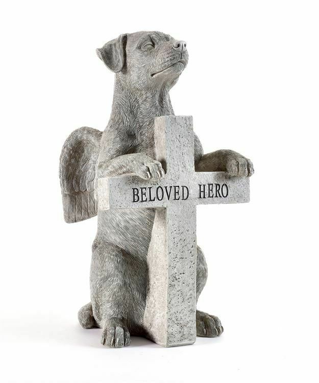 Dog Memorial Statue w Angel Wings & Paws on Cross says Beloved Hero 12.6" High - $79.19