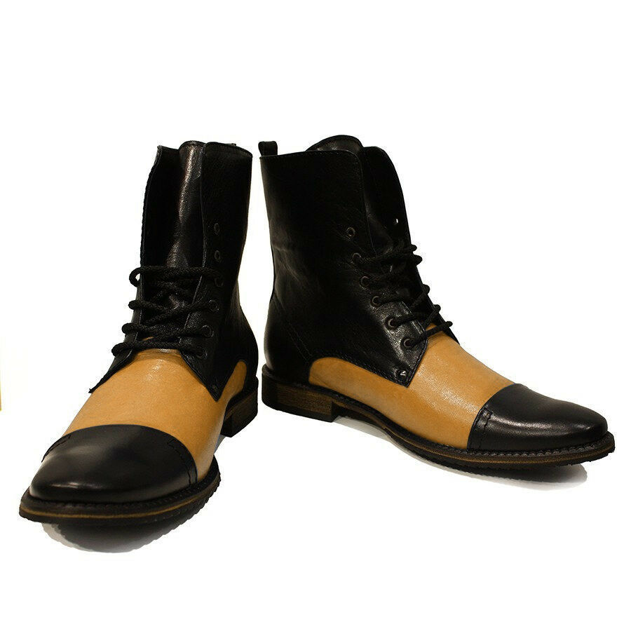 Men Two Tone Orange Black High Ankle Plain Rounded Cap Toe Leather Boots US 7-16