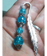 Silver Tone Leaf Design Mini Bookmark Dangling Blue Crackle Glass Beads Handmade - $9.99