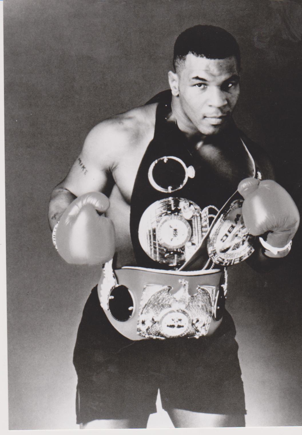 Mike Tyson Heavyweight Champ Belts Vintage 11X14 BW Boxing Memorabilia