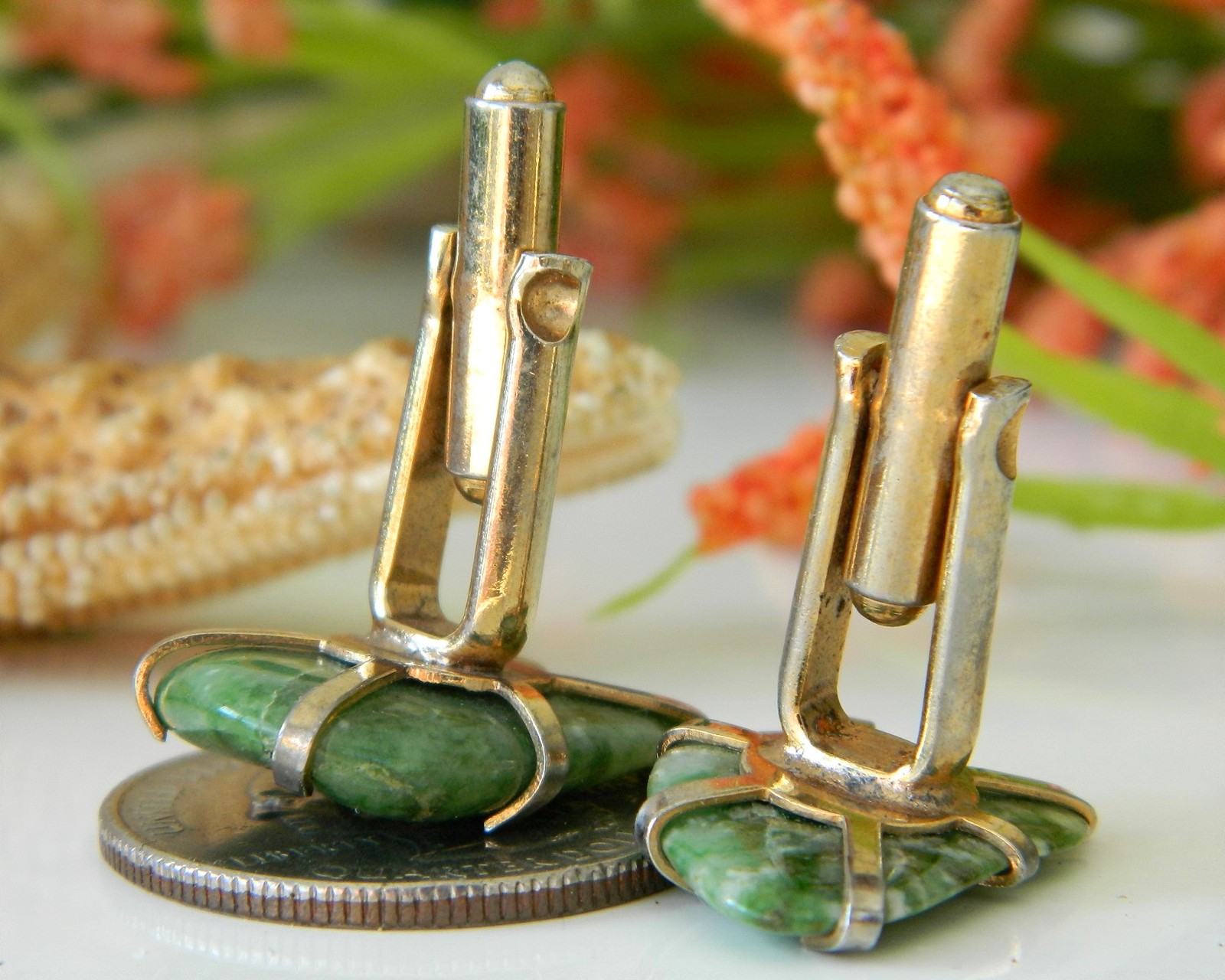 Vintage Polished Natural Green Stone Mens Cufflinks Free Form Toggle ...