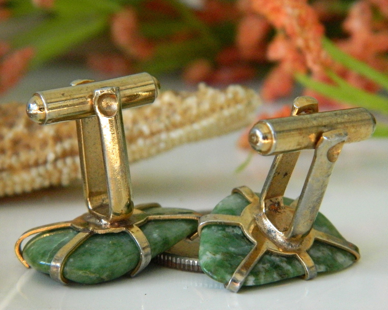 Vintage Polished Natural Green Stone Mens Cufflinks Free Form Toggle
