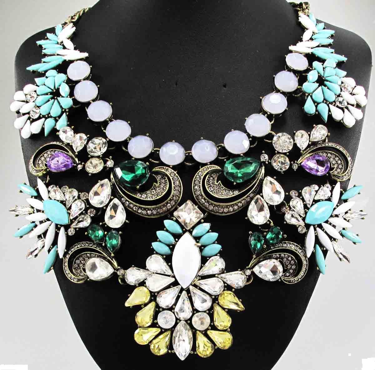 Multicolor Multi Crystal Rhinestone Burnish Gold Huge Chunky Statement Bib Colla Necklaces