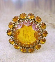 VIntage FiREY jeweled LAYERED BROOCH yellow golden topaz open back - $55.00