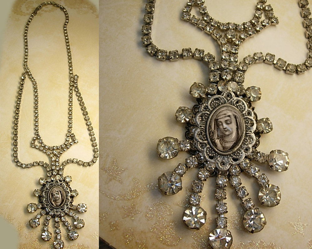 Religious shrine necklace Paste rhinestone Flapper necklace Religious