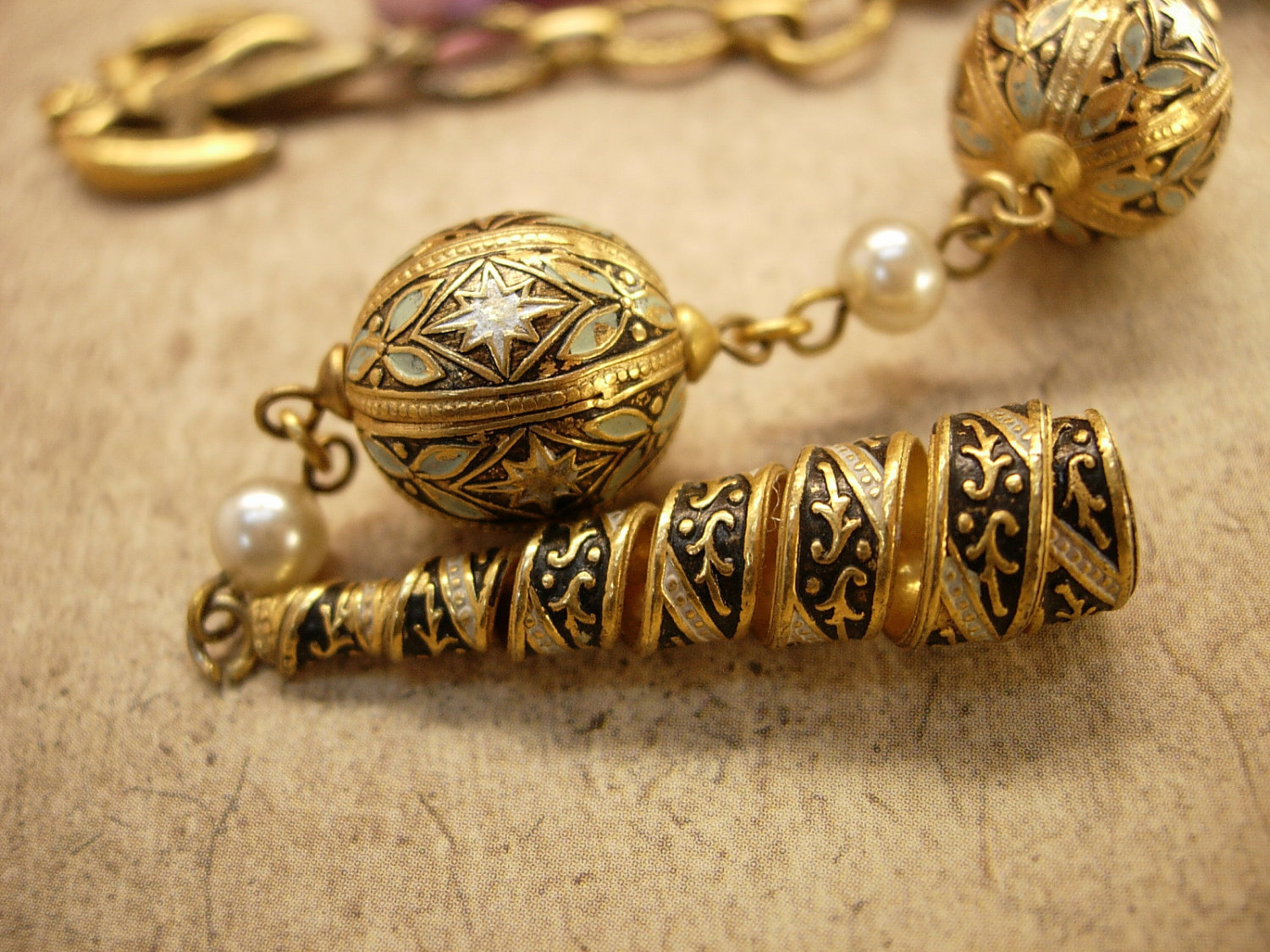 Gothic Vintage chandelier charm necklace and Brooch Enamel and pearls