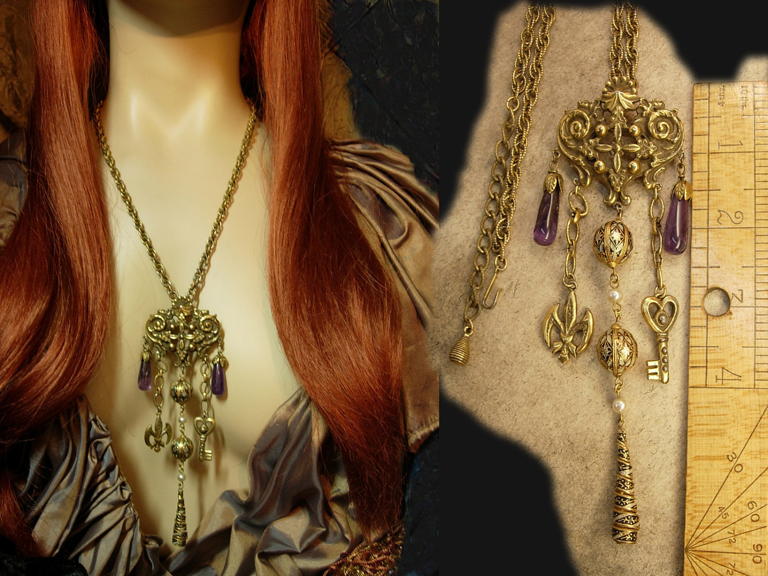 Gothic Vintage chandelier charm necklace and Brooch Enamel and pearls