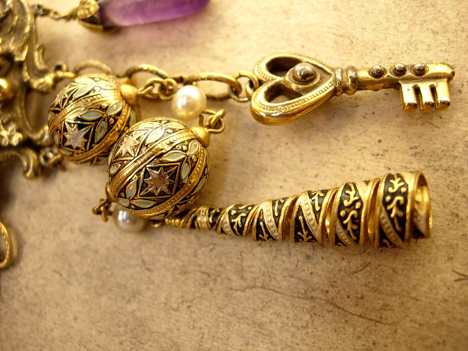 Gothic Vintage chandelier charm necklace and Brooch Enamel and pearls