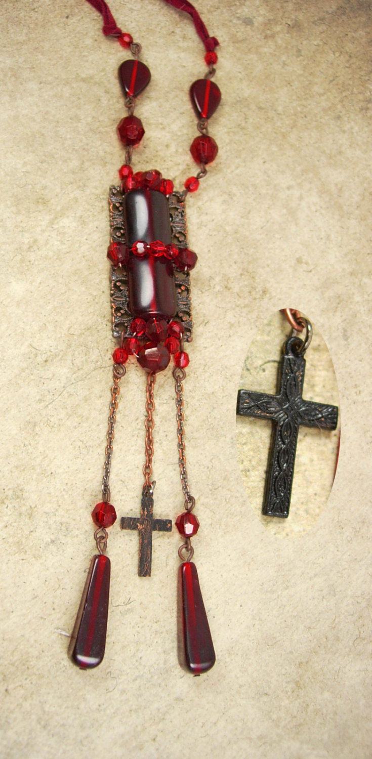 Gothic Necklace BLack Cross Red beaded lariat - Vintage & Antique Jewelry