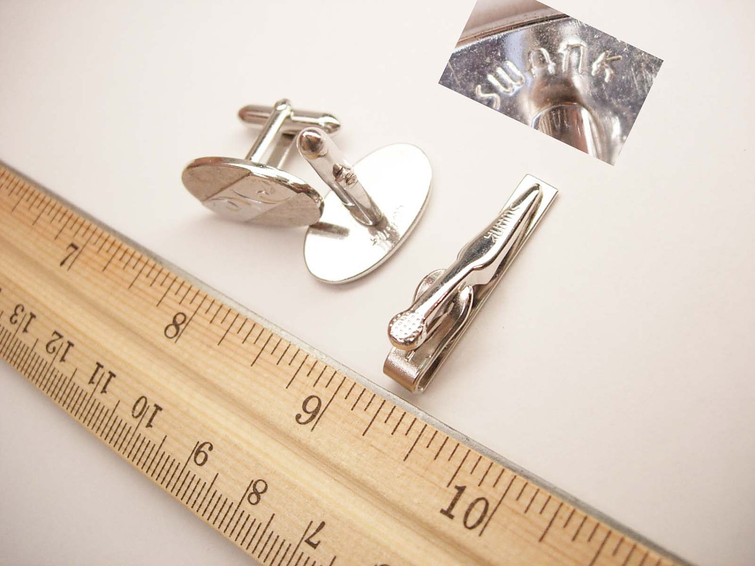 Swank Fancy Engraved Cufflinks Vintage Tie Clip Silvertone Wedding