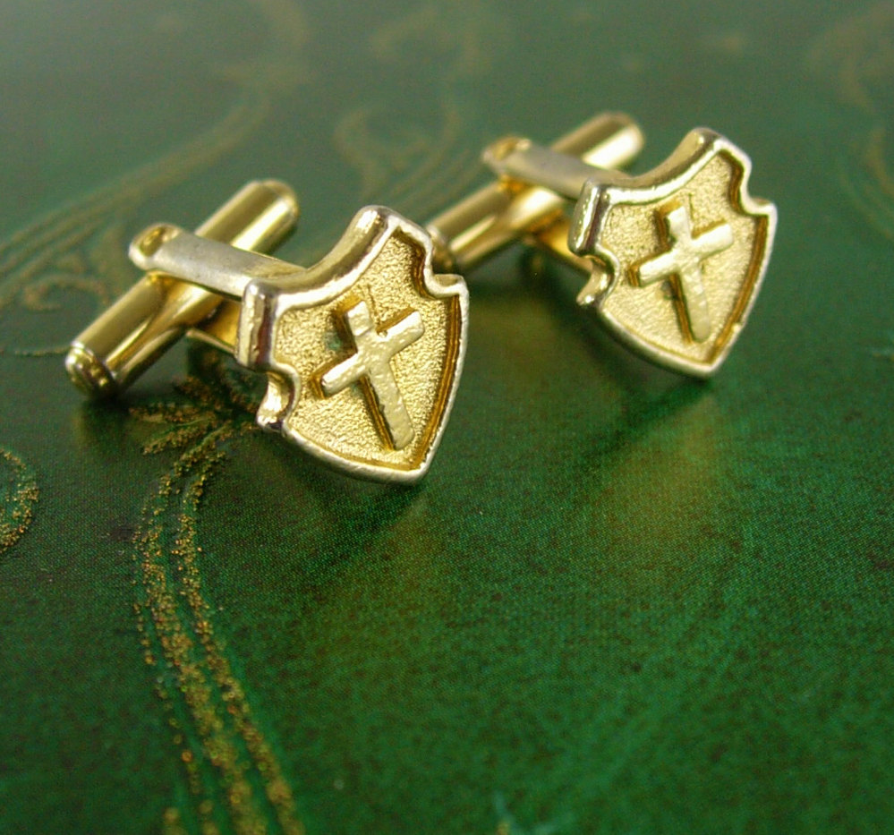 Religious Cross Shield Cufflinks Vintage Gold Filled Medieval Gothic