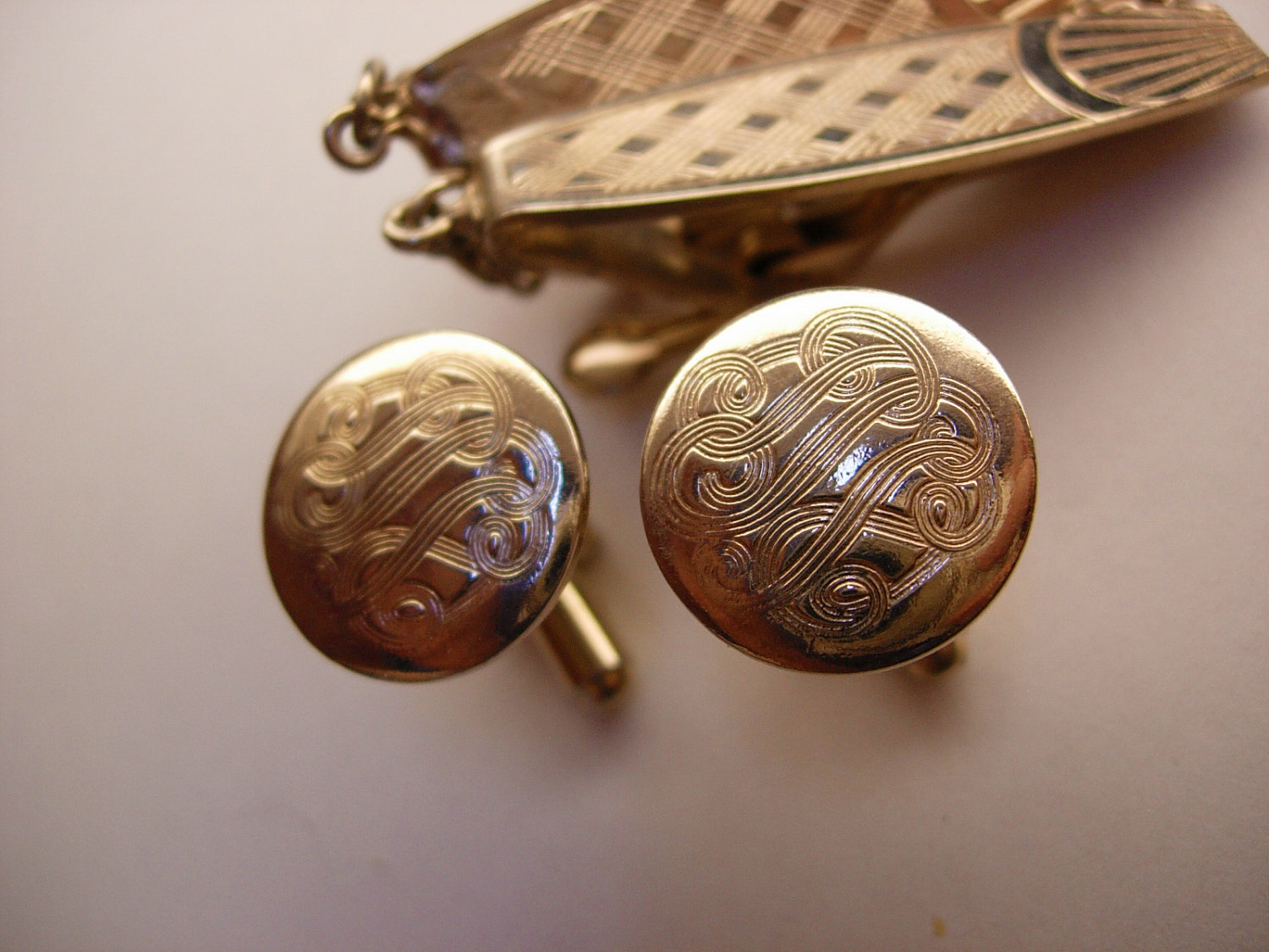 Vintage Deco Fancy Cufflinks Bonus Tie Clip Swag Chain Wedding Business