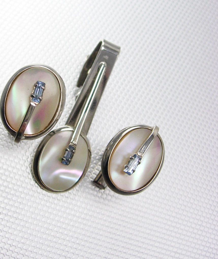 mother pearl Blue Rhinestone Cufflinks Baguette Tie Clip Set Silver