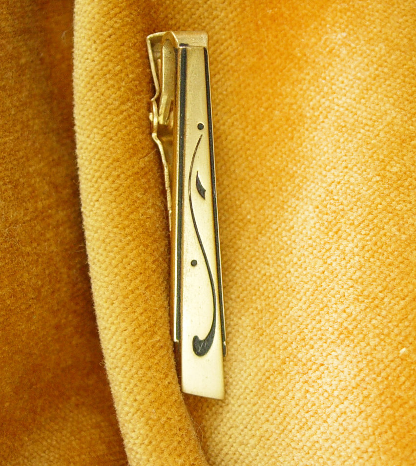 Vintage Anson Tie clip Gold Fancy Design Black Enamel Anson Designer
