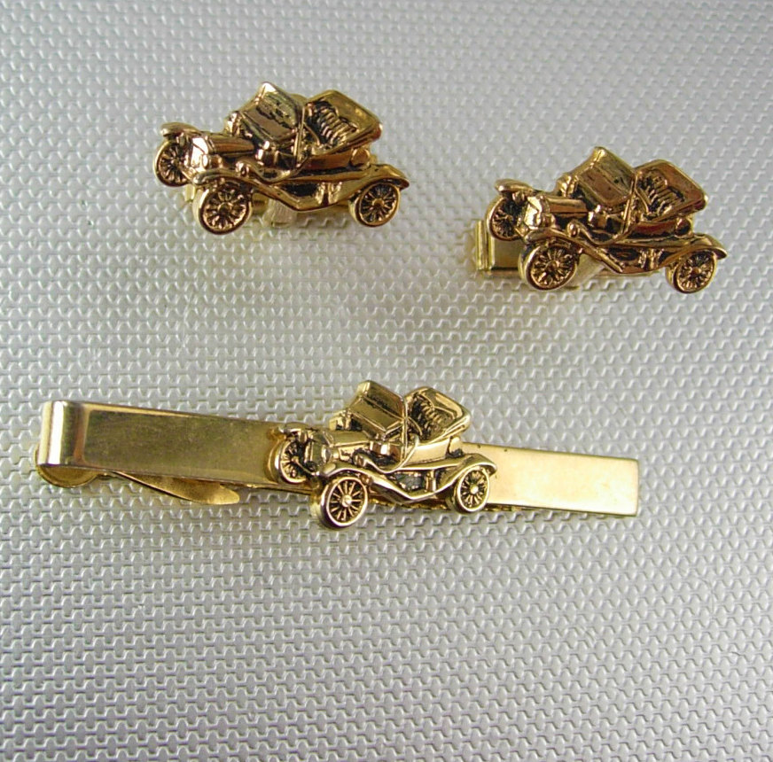 Pioneer Antique touring car cufflinks vintage tie clip set Gold filled