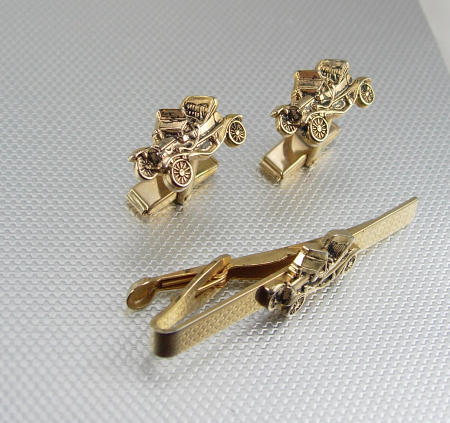 Pioneer Antique touring car cufflinks vintage tie clip set Gold filled