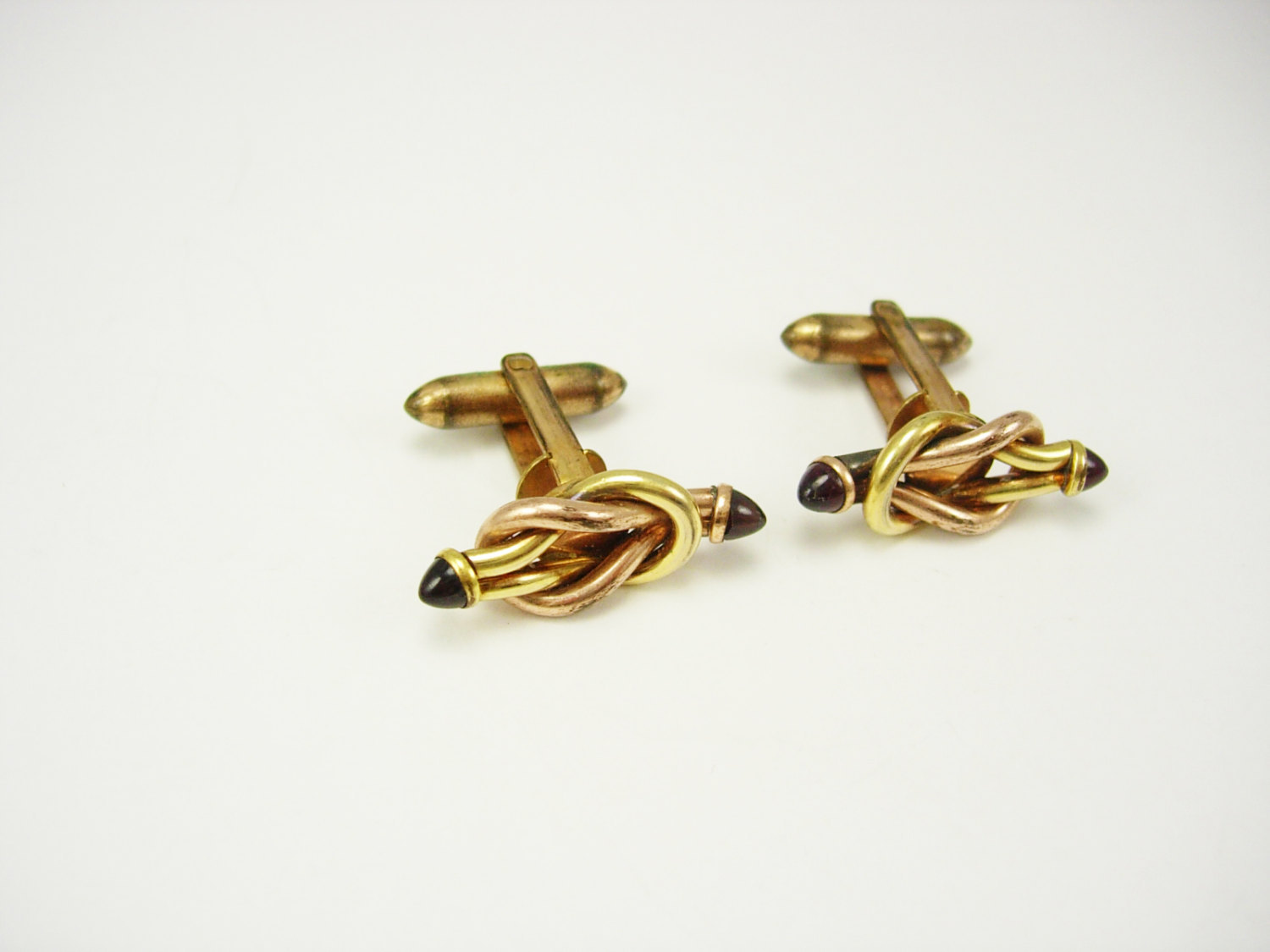 Vintage LOVE KNOT Cufflinks Yellow Rose Gold Filled Red Jeweled Ends