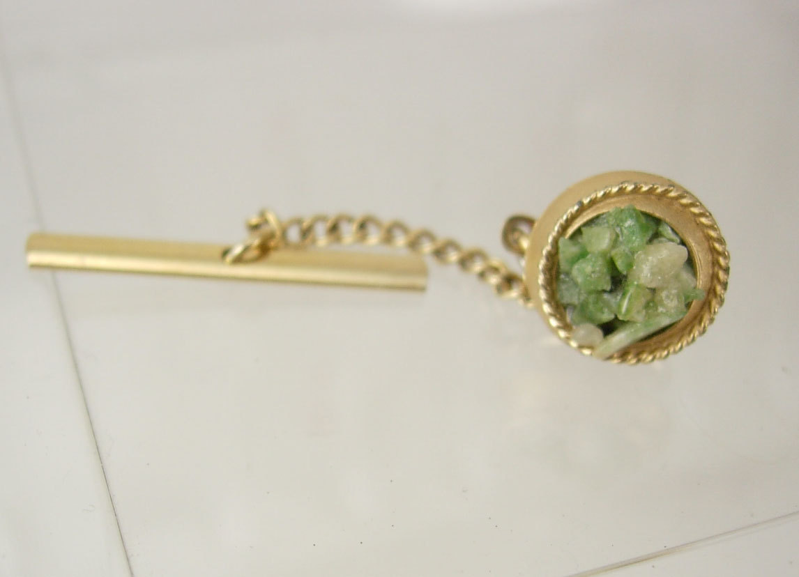 Vintage Genuine Jade Tie Tack Brushed Gold Swank - Tie Clasps, Tacks