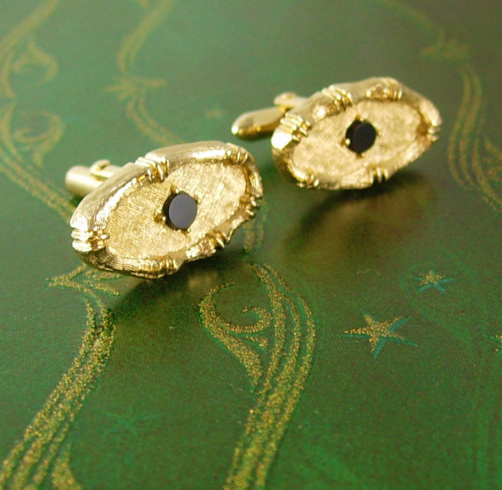 Fancy gold Cufflinks Black Onyx Swank wedding tuxedo jewelry Cufflinks