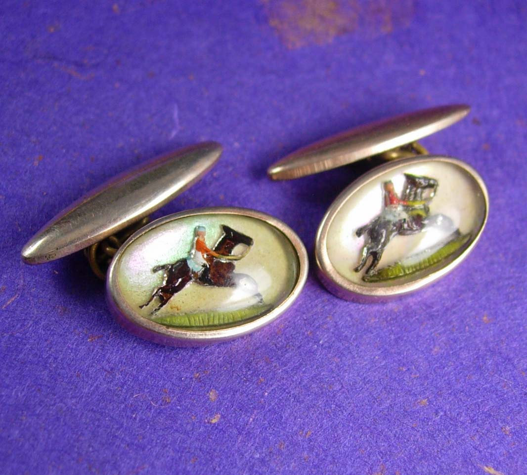 1910 Victorian Cufflinks Reversed Painted Essex Glass Equestrian Horse ...