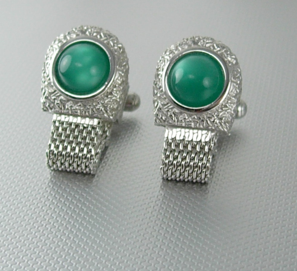 Swank Silver Nugget Mesh Wrap Cufflinks Vintage Green Moonglow Wedding ...