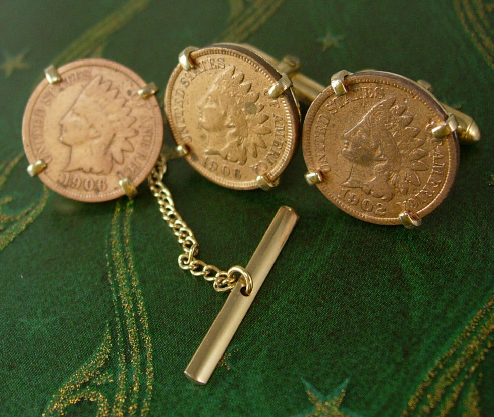 1906 1902 Indian Head Penny Copper Cufflinks Tie Clip Chain Set Swank Gold Fill Cufflinks