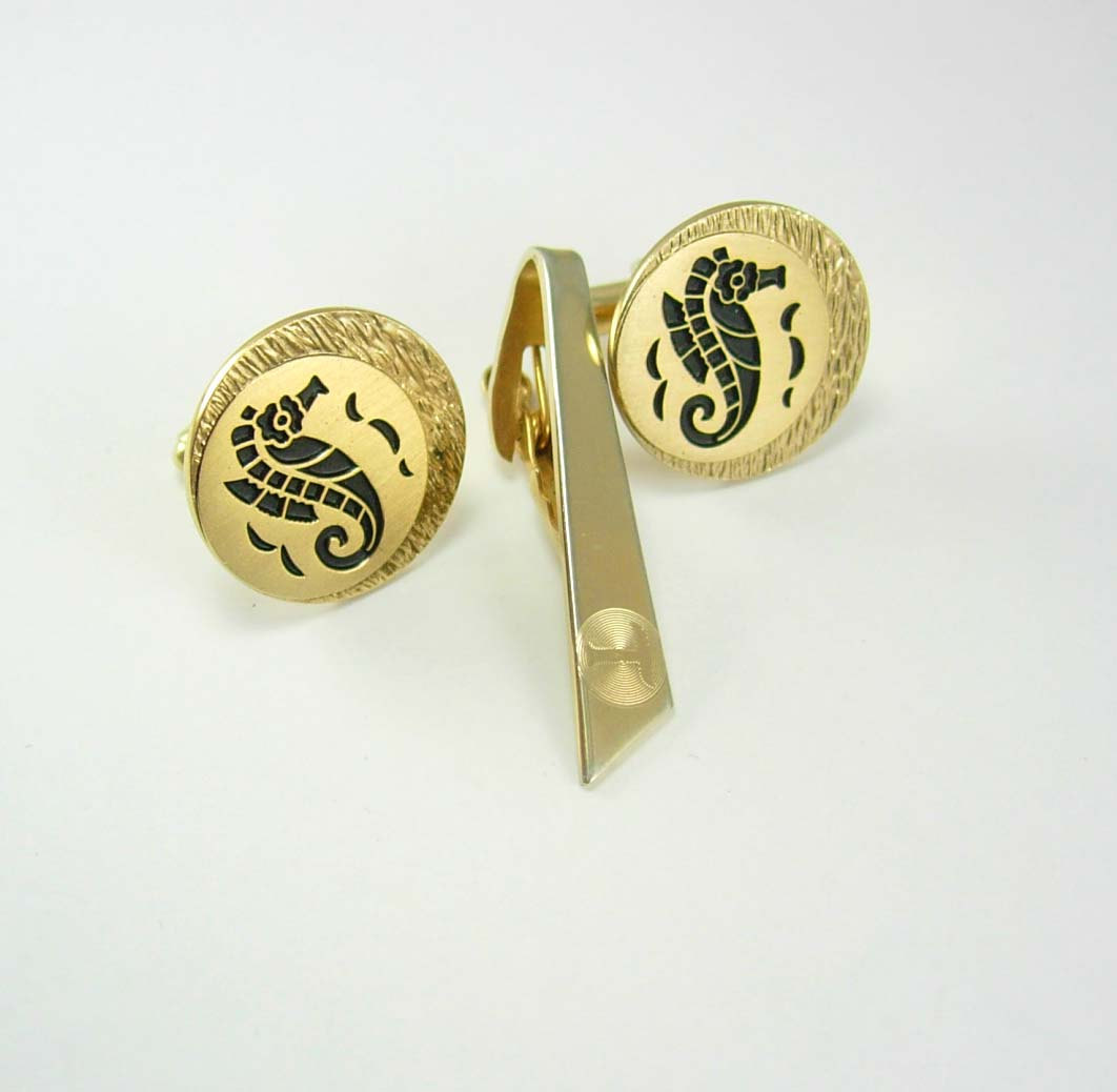 Vintage Fancy Seahorse Cufflinks Enamel Bonus Tie Clip Wedding Business