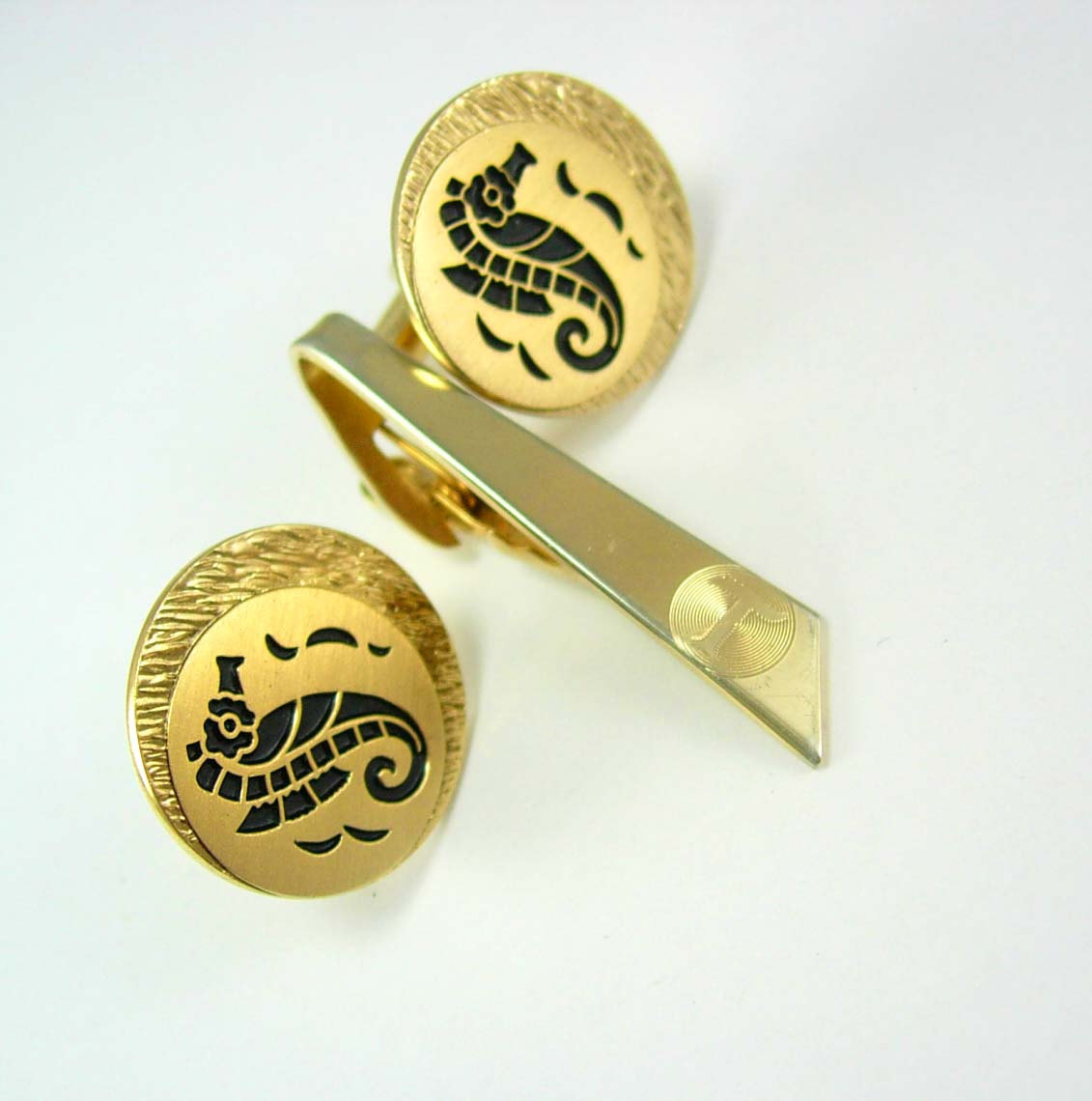 Vintage Fancy Seahorse Cufflinks Enamel Bonus Tie Clip Wedding Business
