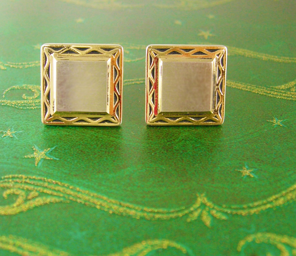 Two Tone Hickok USA Cufflinks Vintage Brushed Silver Gold Filled Black