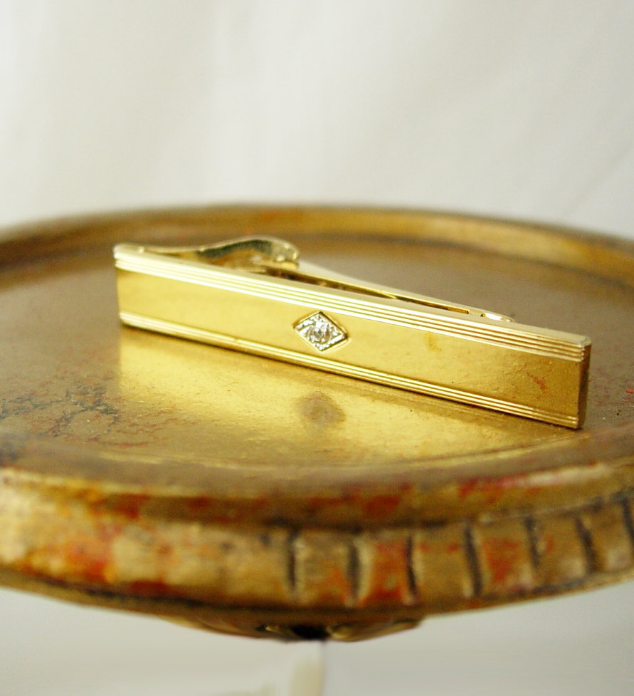 Gold Filled Faux Diamond Tie Clip Vintage High Quality Holidays Birthday Wedding Tie Clasps, Tacks